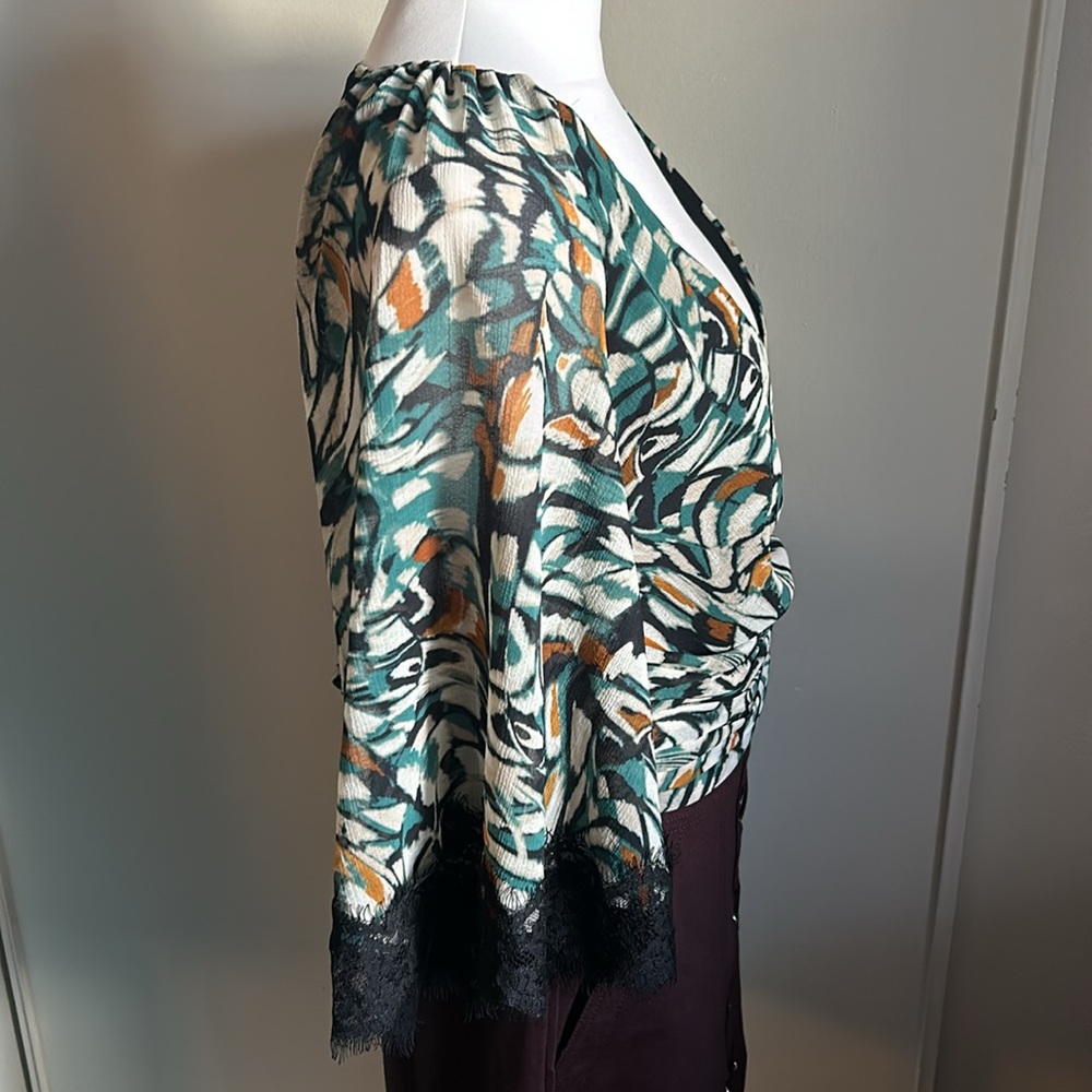 New Anthropologie Lace Trimmed Flutter Sleeve Abstract Chiffon Print Wrap Blouse - Picture 5 of 14